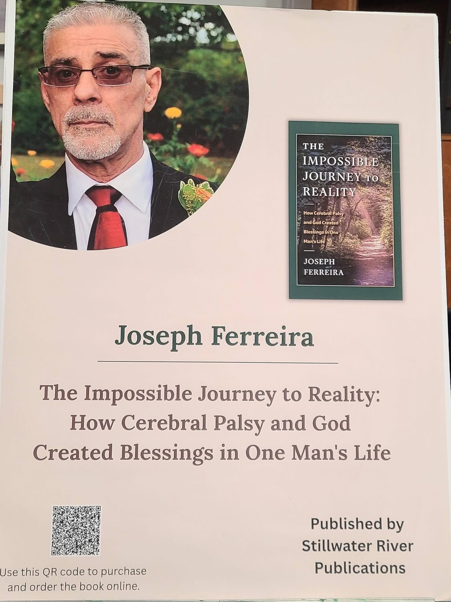 Photograph of Joseph Ferreira beside the cover of The Impossible Journey to Reality
